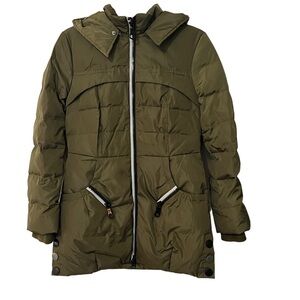 Orolay Women's Green Down Puffer Jacket Hooded Winter Coat Two-Way Zipper Size M